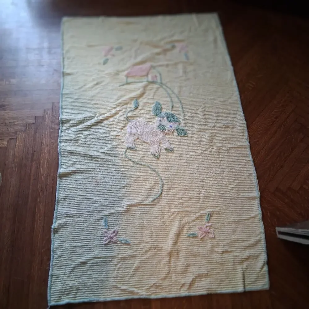 Vintage chenille baby blanket yellow lamb 39x64 pastel